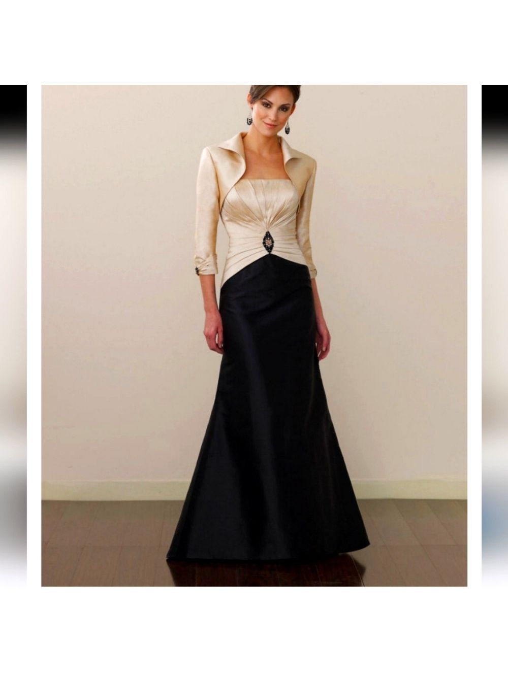 Montage Boutique Silk Shantung Black & Champagne Strapless Evening Gown, Size 4